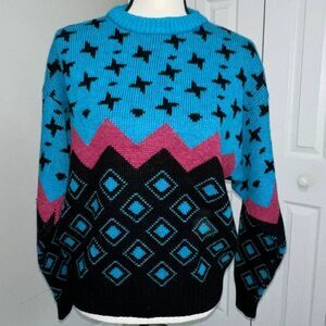 The Aspen Lid 80s/90s Vintage Teal/Black/Pink Pattern Crewneck Sweater - S